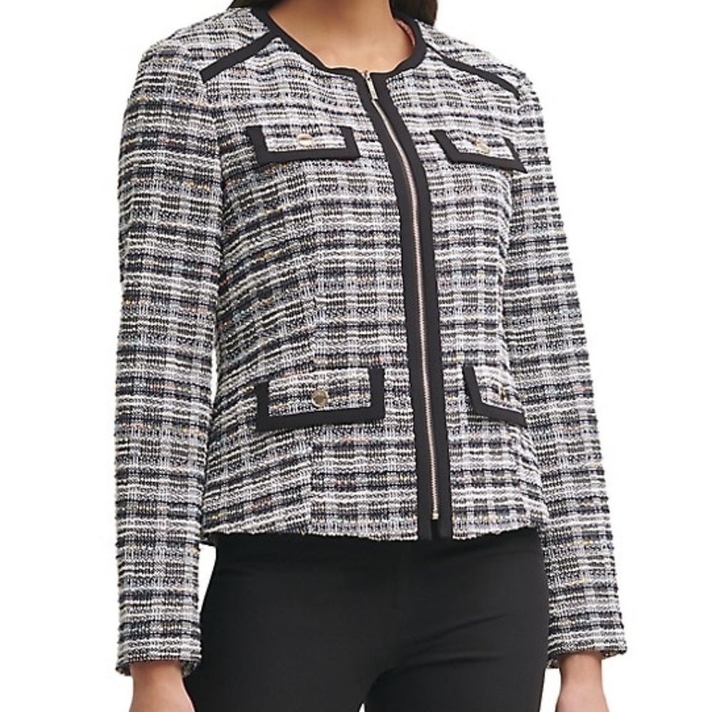Tommy Hilfiger Long sleeve zip front tweed blazer Sz 2 faux flap pockets
